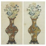 Pair of Chinese silk embroideries on rice pith paper of flowers in vases decorated with butterflies,