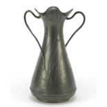 Art Nouveau pewter two handled vase decorated with lilies, 25cm high : For Further Condition Reports