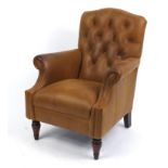 Brown leather club chair with tan button back upholstery, 100cm high : For Further Condition Reports