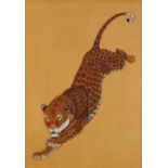 Leopard, paint on tooled leather, MoMart label verso, framed and glazed, 47cm x 34.5cm excluding the