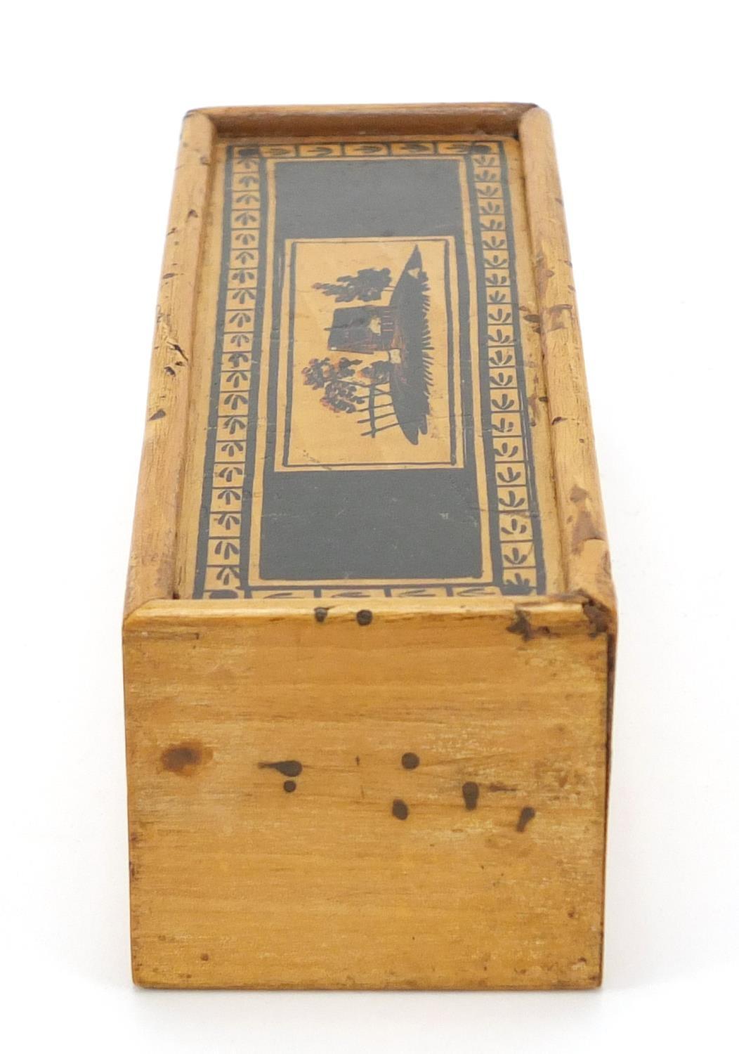 Early Georgian Tunbridgeware whitewood cotton reel box painted with a cottage and trees, 17cm wide : - Image 10 of 12