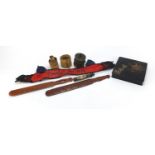 Chinese and Tibetan objects including a prayer drum, two carved page turners and a lacquered box,