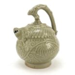 Korean porcelain water pot having a celadon glaze with animal handle, 18.5cm high : For Further