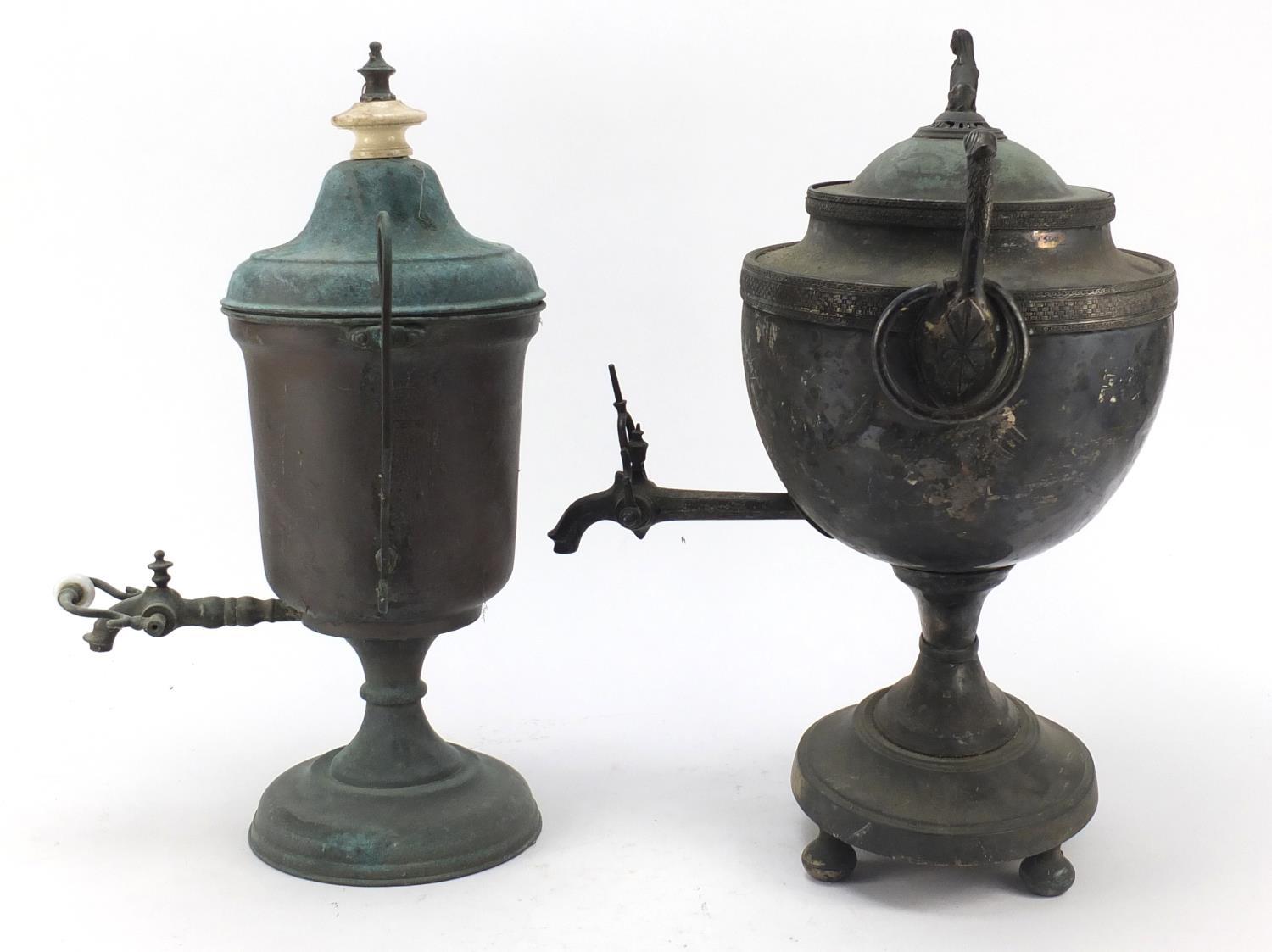 Two early 20th century samovars including one with female knop, the largest 43cm high : For - Image 2 of 6