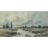 Van Wedege - Dutch landscape with river before cottages, heightened watercolour, A Vokins & Sons
