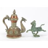 Tibetan copper water pot with applied silver coloured metal mounts and a verdigris horse, the