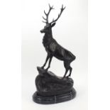 Large patinated bronze stag raised on a stepped marble base, 74cm high : For Further Condition