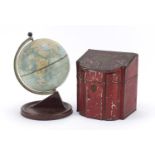 Vintage Chad Valley tin globe and Williams toffee tin in the form of a knife box, the largest 28cm