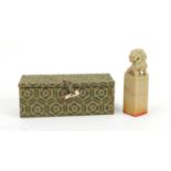 Chinese soapstone seal and box, carved with a dog of Foo, the seal 7.5cm high : For Further