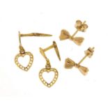 Two pairs of 9ct gold earrings, the largest 1.5cm in length, 0.5g : For Further Condition Reports