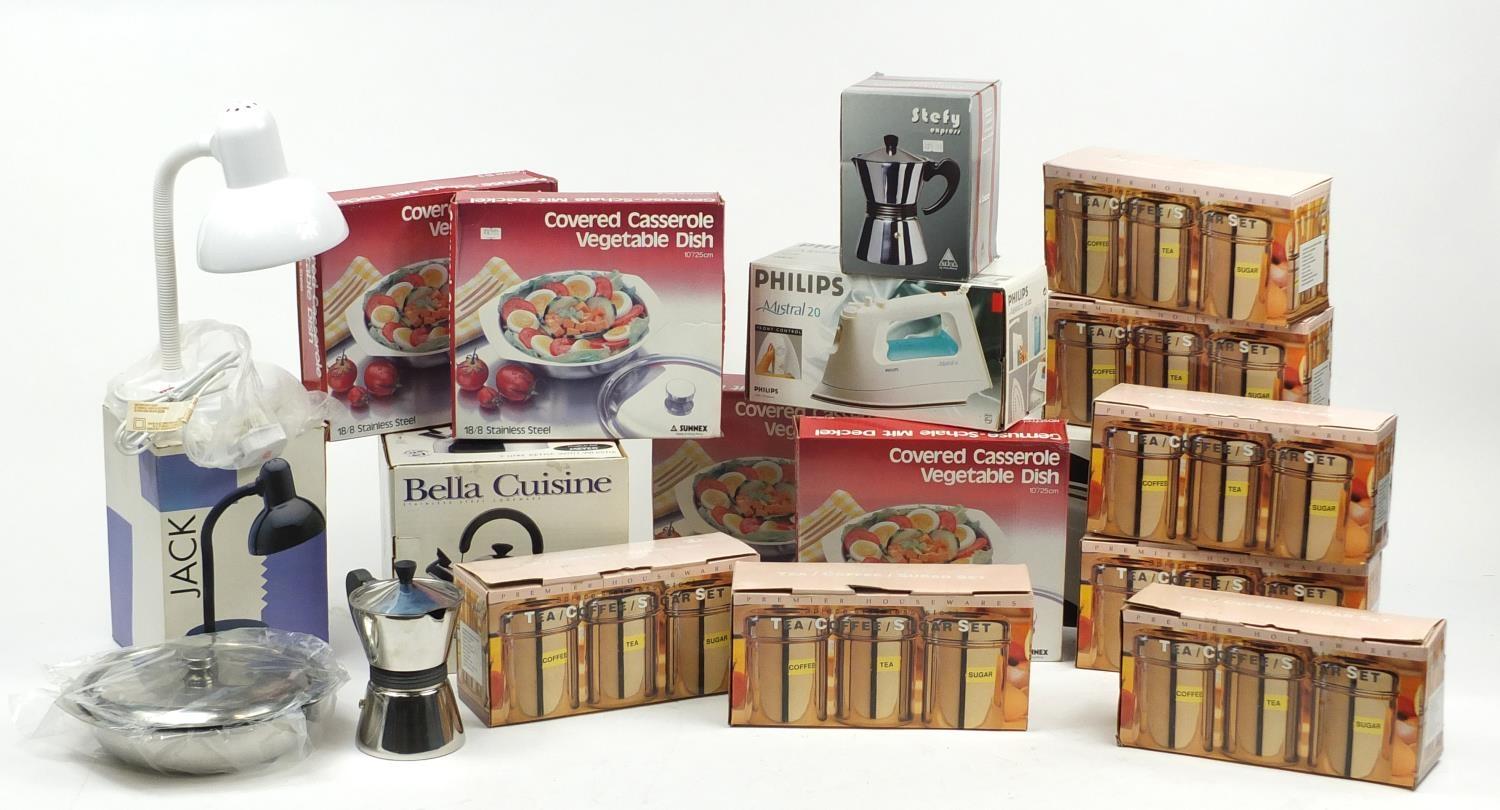 As new kitchenalia and electricals including seven boxed sets of tea, coffee and sugar storage