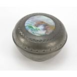 Charles Varley for Liberty & Co, Arts & Crafts pewter box and cover with inset enamel panel of a