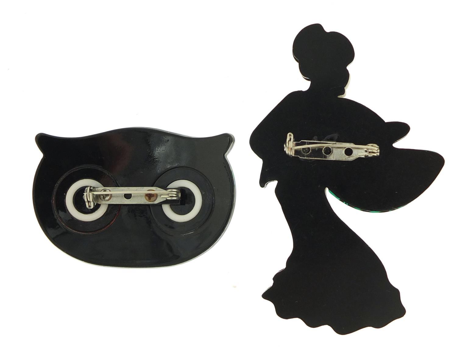 Two Art Deco design brooches in the form of a flamenco dancer and an owls head, the largest 9cm high - Image 2 of 2