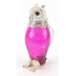 Novelty owl design jug with silver plated mounts and cranberry glass body, 28.5cm high : For Further