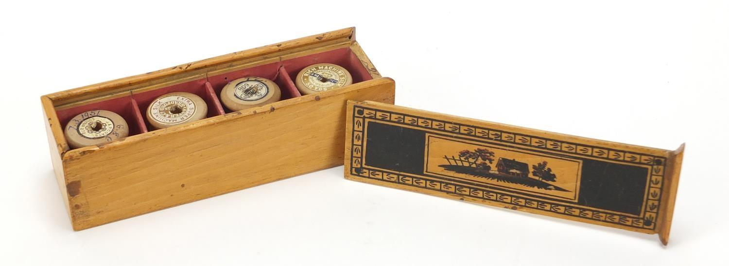 Early Georgian Tunbridgeware whitewood cotton reel box painted with a cottage and trees, 17cm wide :