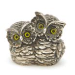 Novelty silver filled model of two owls with glass eyes, 4.2cm high : For Further Condition
