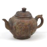 Chinese bronzed teapot cast with figures, character marks to the base, 14cm in length : For