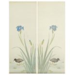 Pair Chinese silk paintings depicting birds and trees, housed in a wooden box, each 123cm x 45.5cm :