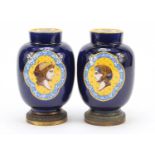 Pair of French faience colbalt blue ground vases on gilt metal bases by Vierzon, each with classical