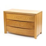 Contemporary light elm chest with three bow fronted drawers, 76cm H x 111cm W x 51.5cm D : For