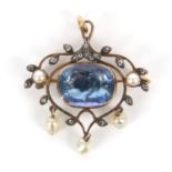 Antique unmarked gold diamond, pearl and blue stone pendant, 4cm in length, 5.2g : For Further