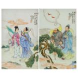 Pair of Chinese porcelain panels hand painted with figures in landscapes and calligraphy, each