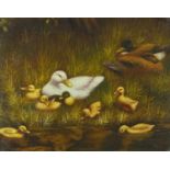 Ducks by a river, oil on board, bearing a signature C Simpson, framed, 49.5cm x 40cm excluding the