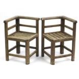 Pair of teak corner garden chairs with slatted seats, 65.5cm H x 42.5cm W x 42.5cm : For Further
