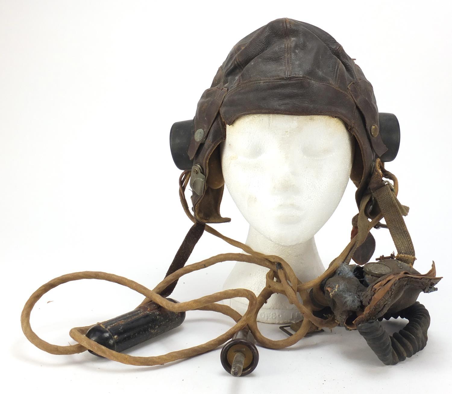 British military World War II leather flying helmet and gas mask with box : For Further Condition - Image 2 of 22