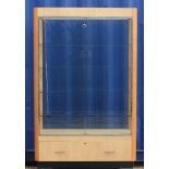 Beech display cabinet with sliding glass doors, four shelves and lighting, 190cm H x 120cm W x