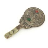 Chinese silver coloured metal hand mirror with carved green hardstone handle, 23cm in length : For