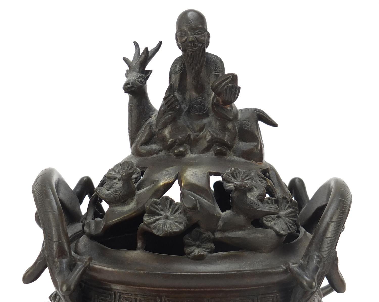 Chinese patinated bronze tripod censer with figural cover, 27cm high : For Further Condition Reports - Image 2 of 10