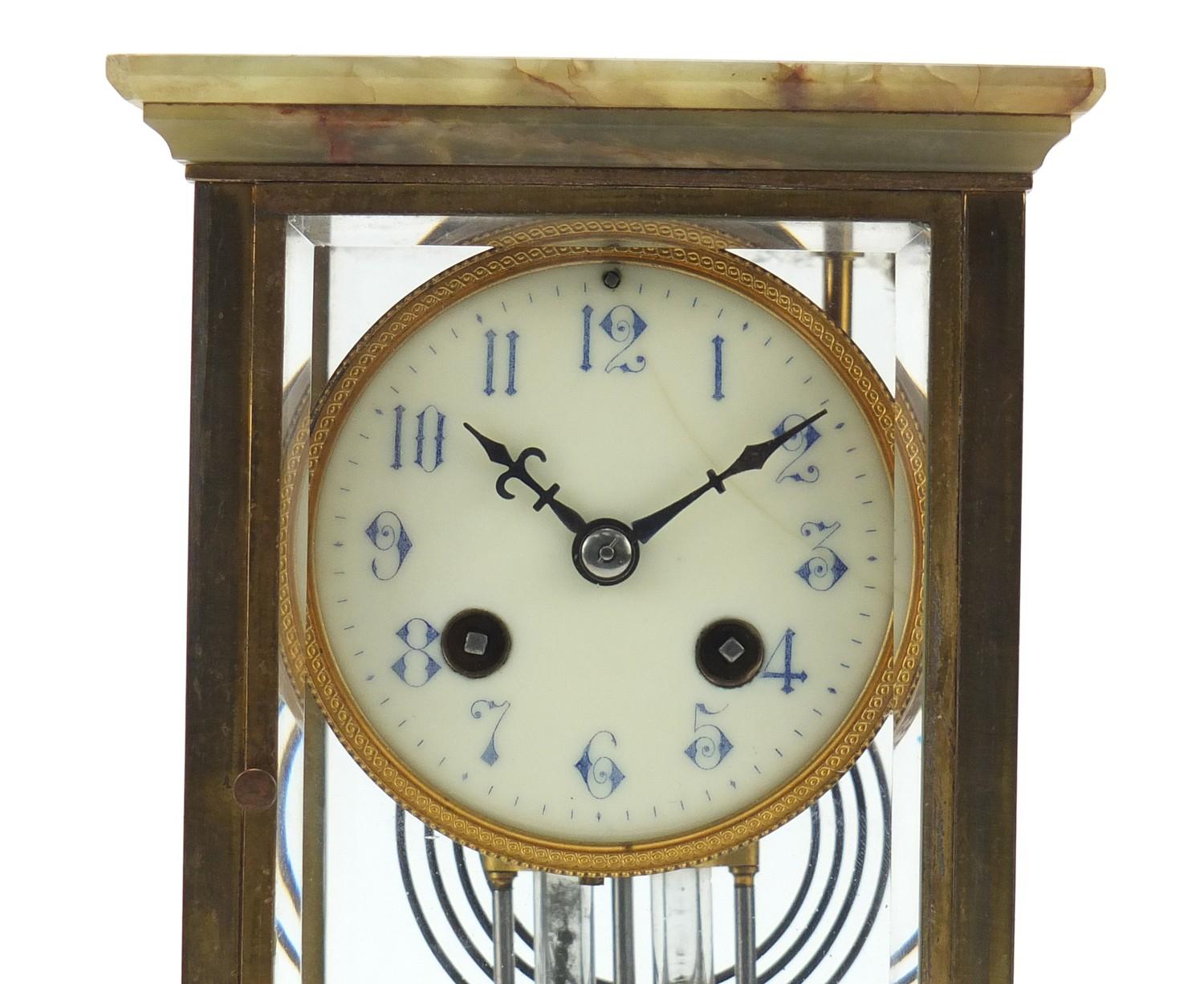 19th century French onyx and brass four glass mantle clock striking on a gong, the enamelled dial - Image 3 of 8