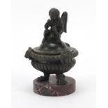 19th century Renaissance style Grand Tour patinated bronze inkwell with cherub lid and brass