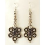 Pair of silver cabochon amethyst earrings, 6cm in length, 10.2g : For Further Condition Reports