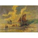 Beach scene with figures and ships, Impressionist oil on canvas, mounted and framed, 70cm x 49.5cm