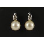 Pair of 9ct white gold simulated pearl and diamond earrings, 1.5cm in length, 2.6g : For Further