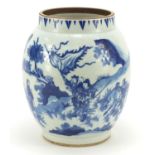 Chinese blue and white porcelain baluster vase hand painted with figures in a palace setting, 25cm