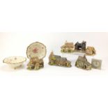 Six model cottages including David Winter together with pair of Ducal ware pottery bowls and a