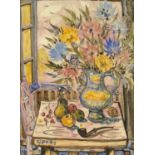 French porcelain tile hand painted with still life, inscribed verso, mounted and framed, 18.5cm x