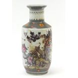 Large Chinese porcelain rouleau vase decorated with cranes in a landscape with peach trees and