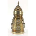 Tibetan brass pot with hinged lid and ring handles, 22.5cm high : For Further Condition Reports