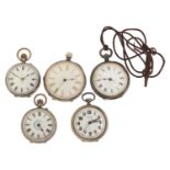 Five silver open face pocket watches including one with military type dial inscribed Montrose, the