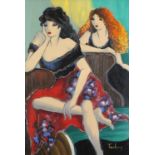 After Itzchak Tarkay - Two sitting females, oil on board, framed, 60cm x 39cm excluding the