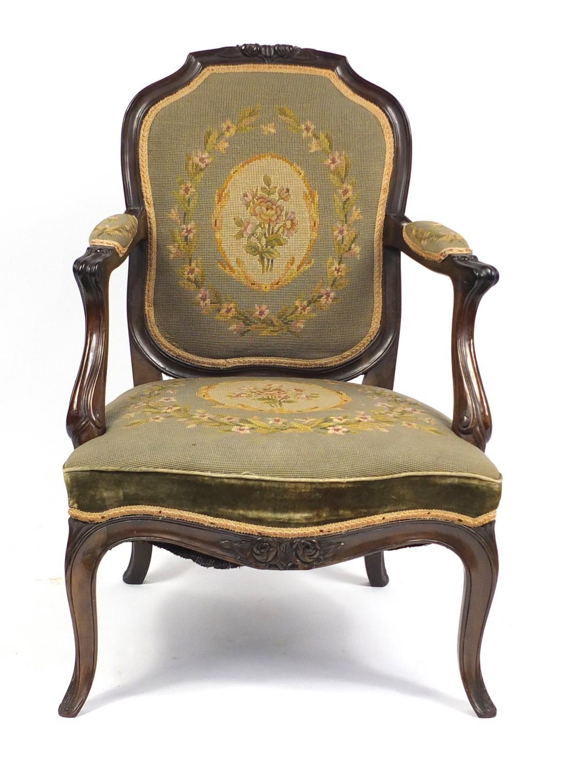 French walnut salon chair with floral needlepoint back and seat, 88cm high : For Further Condition - Image 2 of 4