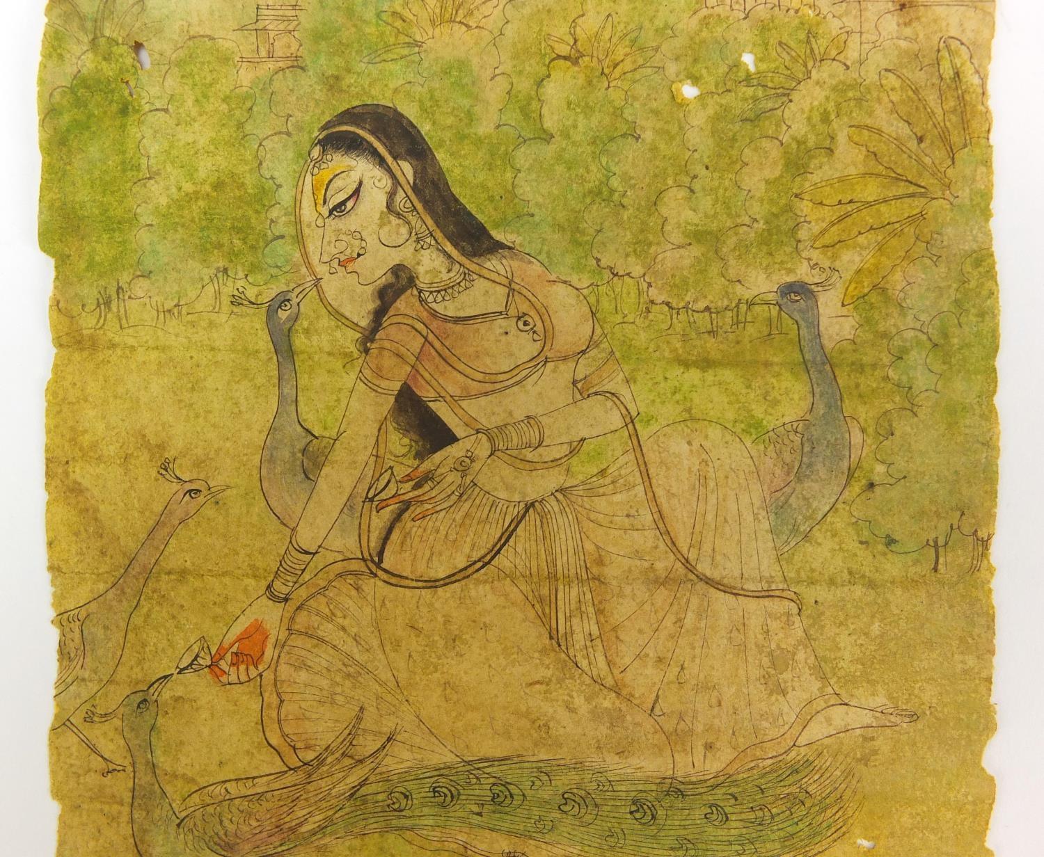 Royal lady feeding peacocks, 18th century Indian Bikaner school painting, unframed, 21cm x 14. - Image 2 of 11