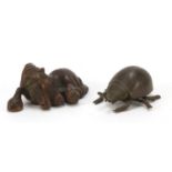 Two Japanese patinated bronze animals, each with impressed marks to the bases, the largest 7cm in