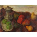Still life, fruit with vessels, oil on board, mounted and framed, 47.5cm x 34cm excluding the