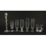 Victorian and later glassware comprising five Victorian cut glass glasses, partially gilt spiral