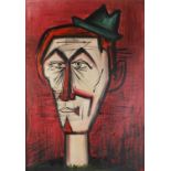 Manner of Bernard Buffet - Head and shoulders portrait, oil on board, framed, 69cm x 48cm